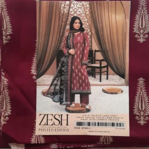 Zesh Unstiched 3pc lawn suit - Dark pink (original)